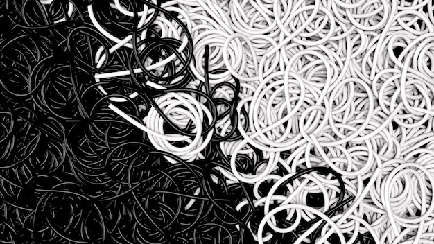 Background covered with a pile of tangled black and white wires 3d render illustration