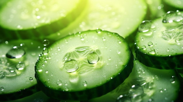 Background of cut cucumber with juice drops