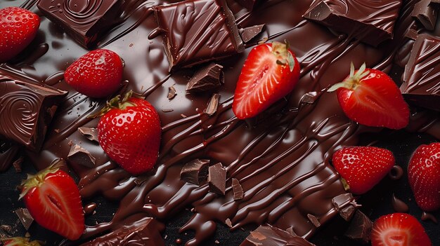 Background of dark chocolate and large red strawberries on it