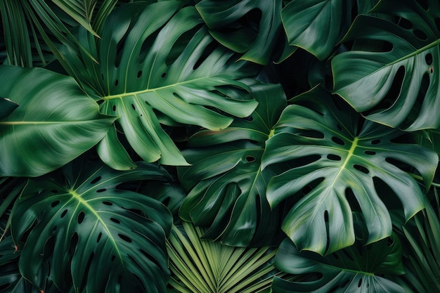 Photo background of dark green tropical leaves monstera palm coconut leaf fern palm leaf banana leaf