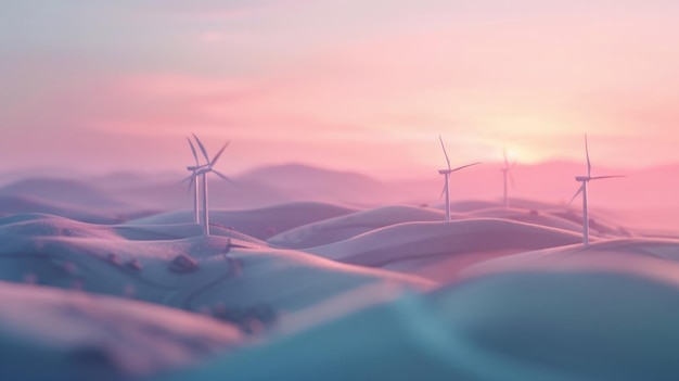 Background dawn sky landscape desert hills with wind turbines Concept alternative sources energy