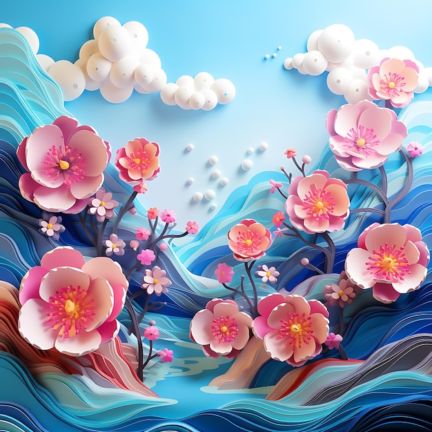 background design 3d flower pink and blue nice clouds