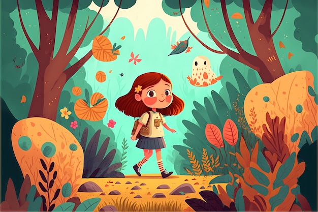 background Design of a little girl playing in the middle of the forest, with an attractive colorful.