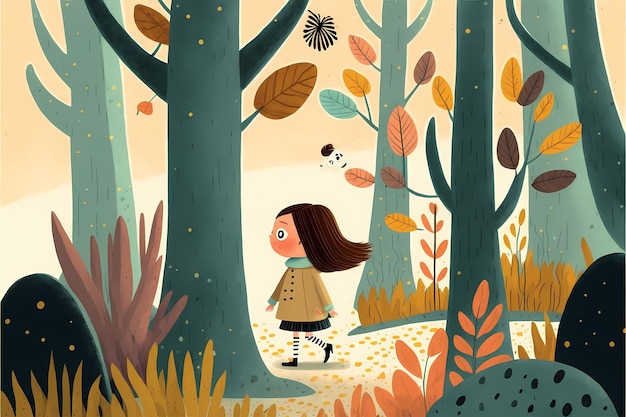 background Design of a little girl playing in the middle of the forest, with an attractive colorful.