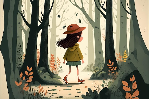 background Design of a little girl playing in the middle of the forest, with an attractive colorful.