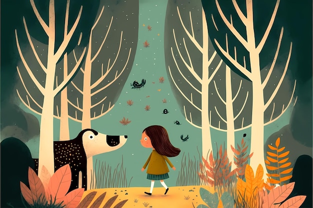 background Design of a little girl playing in the middle of the forest, with an attractive colorful.