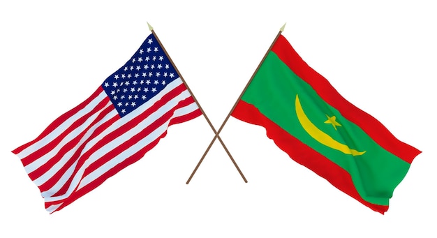 Background for designers illustrators National Independence Day Flags of United States of America USA and Mauritania