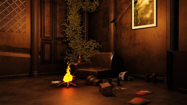 Background of dirty abandoned apocalypse classic room with vines plant3D illustration rendering