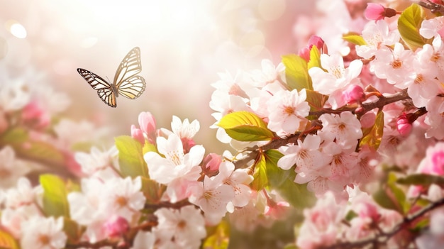 Background of Easter spring flowers with a live flower and a butterfly GENERATE AI