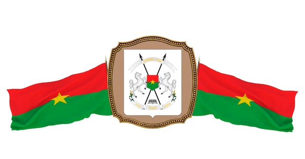 Background for editors and designers National holiday 3D illustration Flag and the coat of arms of Burkina Faso