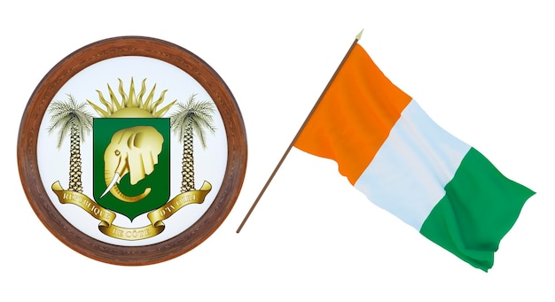 Background for editors and designers National holiday 3D illustration Flag and the coat of arms of Cote d'Ivoire