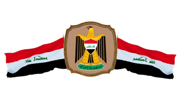 Background for editors and designers National holiday 3D illustration Flag and the coat of arms of Iraq