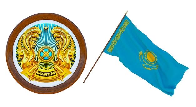 Background for editors and designers National holiday 3D illustration Flag and the coat of arms of Kazakhstan