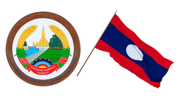 Background for editors and designers National holiday 3D illustration Flag and the coat of arms of Laos