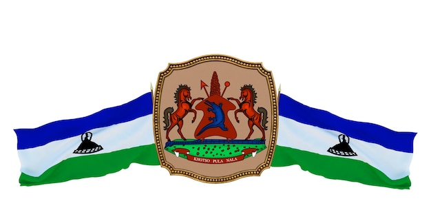 Background for editors and designers National holiday 3D illustration Flag and the coat of arms of Lesotho