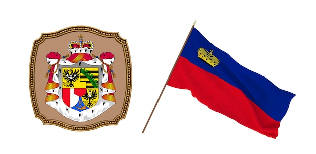 Background for editors and designers National holiday 3D illustration Flag and the coat of arms of Liechtenstein