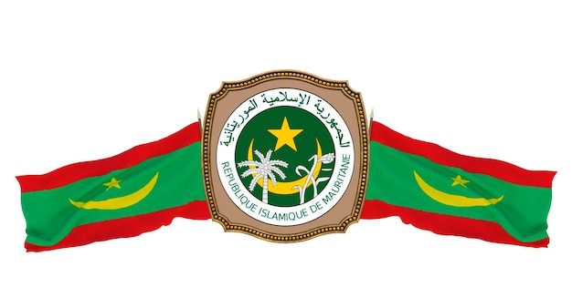 Background for editors and designers National holiday 3D illustration Flag and the coat of arms of Mauritania