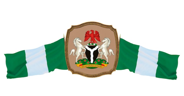 Background for editors and designers National holiday 3D illustration Flag and the coat of arms of Nigeria