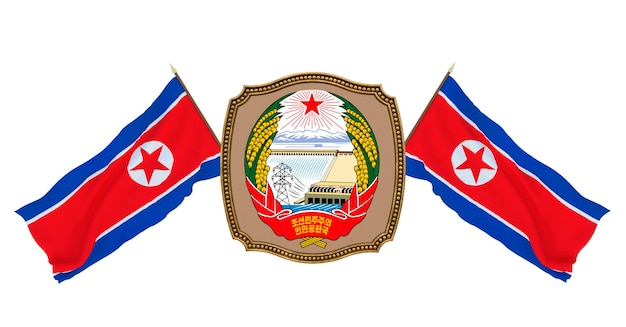 Background for editors and designers National holiday 3D illustration Flag and the coat of arms of North Korea