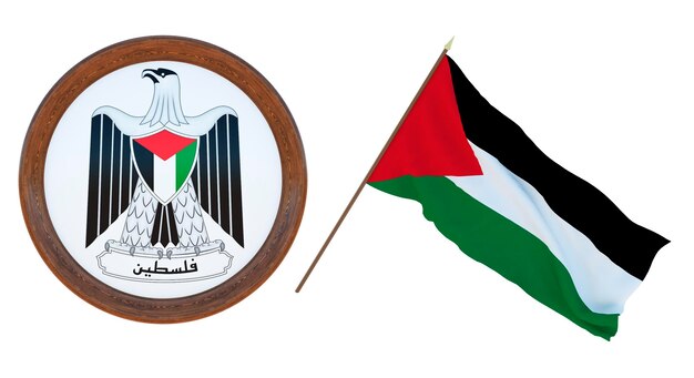 Background for editors and designers National holiday 3D illustration Flag and the coat of arms of Palestine