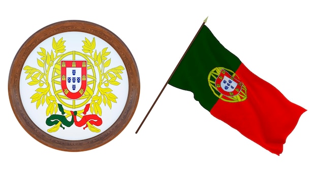 Background for editors and designers National holiday 3D illustration Flag and the coat of arms of Portugal