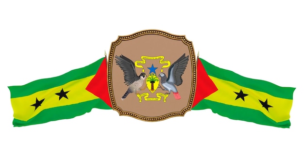 Background for editors and designers National holiday 3D illustration Flag and the coat of arms of Sao Tome and Principe