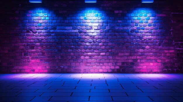 Background of empty brick wall concrete floor neon