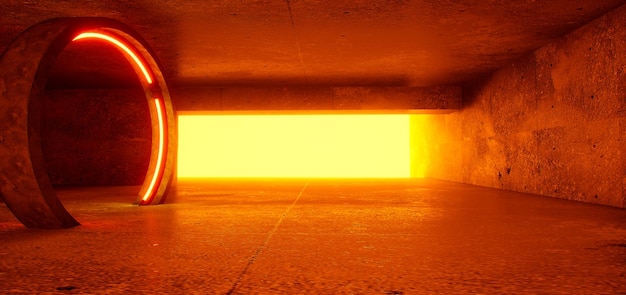 Background of an empty room with concrete walls and orange neon light 3d rendering