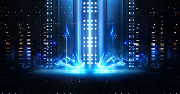 Background of empty stage show. Neon light and laser show. Laser futuristic shapes on a dark background. Blue neon light, symmetrical reflection