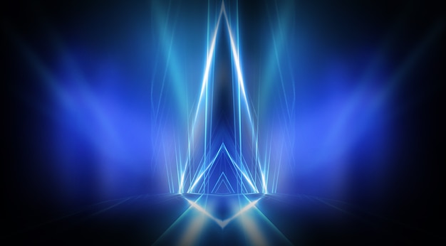 Background of empty stage show. Neon light and laser show. Laser futuristic shapes on a dark background. Blue neon light, symmetrical reflection.