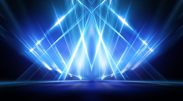 Background of empty stage show. Neon light and laser show. Laser futuristic shapes on a dark background. Blue neon light, symmetrical reflection.