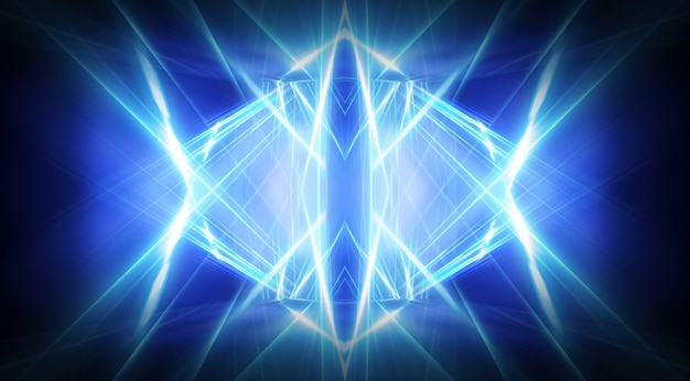 Background of empty stage show. Neon light and laser show. Laser futuristic shapes on a dark background. Blue neon light, symmetrical reflection.