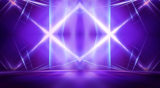 Background of empty stage show. Neon light and laser show. Laser futuristic shapes on a dark background. Blue neon light, symmetrical reflection.