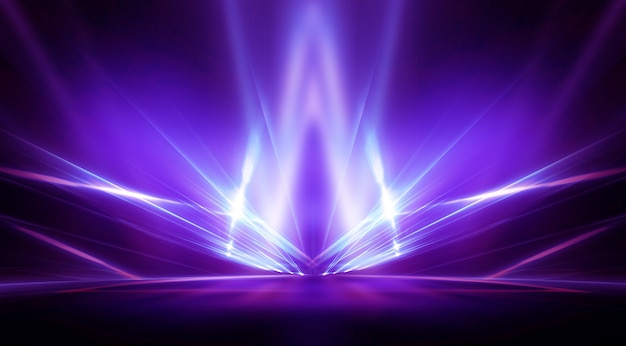 Background of empty stage show. Neon light and laser show. Laser futuristic shapes on a dark background. Blue neon light, symmetrical reflection.