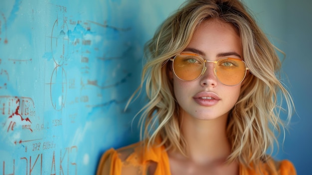 The background of an eye test chart shows a beautiful blond woman with trendy yellow glasses