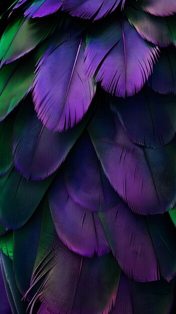 Photo background of feathers dark purple feathers with green and emerald bird feathers and fluff