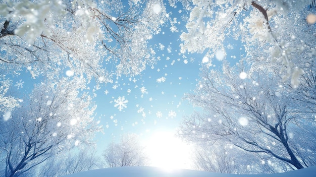 Photo the background features a blue sky and white snow with branches covered in ice crystals and falling snowflakes