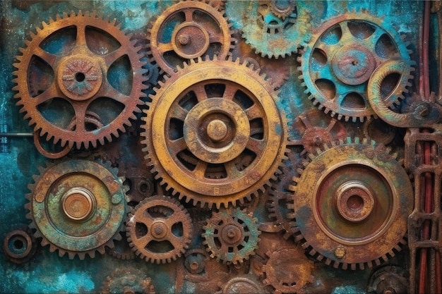 The background features steampunk rusty machinery gears Illustration Generative AI