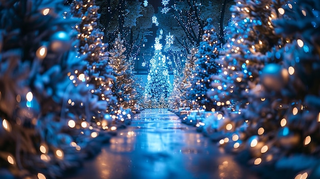 Photo the background features trees decorated like christmas trees with twinkling lights