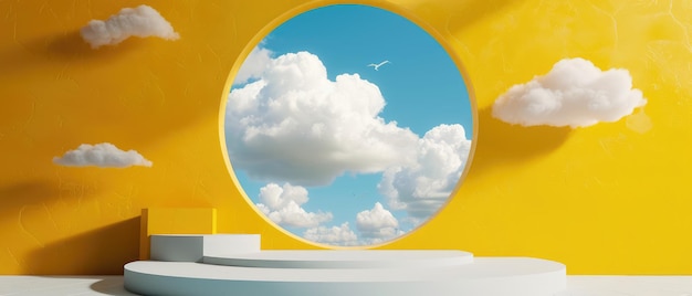 background featuring blue sky inside the window on the yellow wall with white clouds