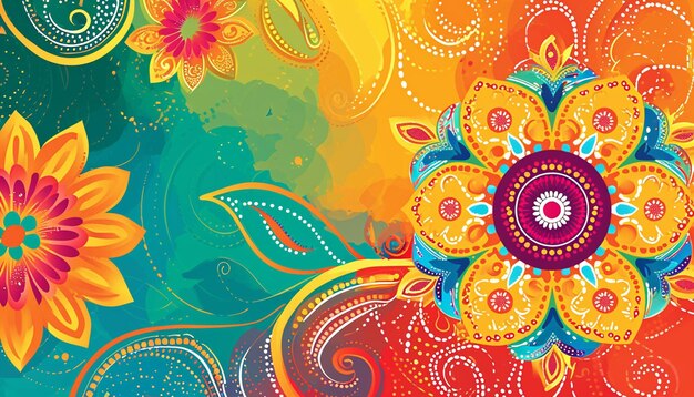 a background featuring traditional Indian floral motifs and Rangoli patterns in bright Holi colors