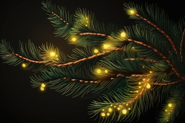 Background of fir tree branches with flashing yellow Christmas lights