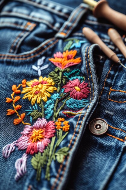 Background of floral embroidery on top of the denim fabric