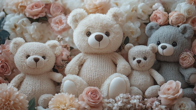 Background of fluffy teddy bears and colorful flowers