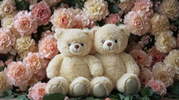 Background of fluffy teddy bears and colorful flowers