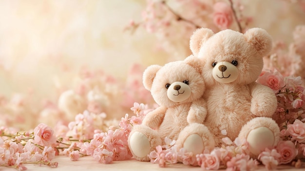 Background of fluffy teddy bears and colorful flowers