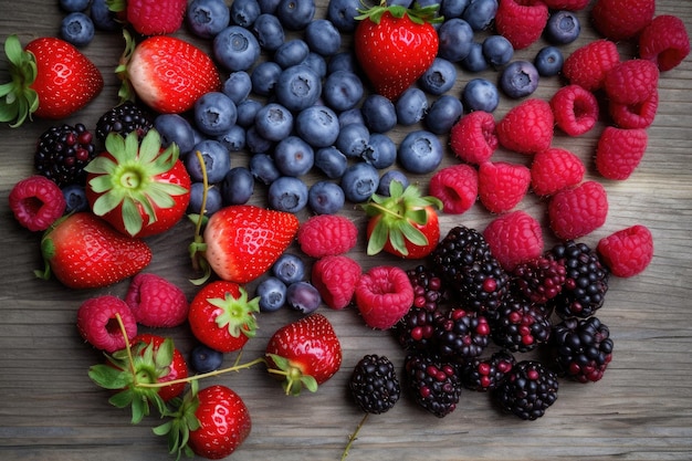 Background forest fruits raspberries strawberries and blueberries Top view Ai generative