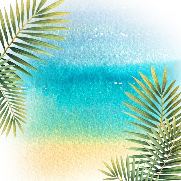 Background in the form of a sea beach and sky with tropical coconut palm leaves Watercolor illustration from a large CUBA set For the decoration and design of beach and summer banners