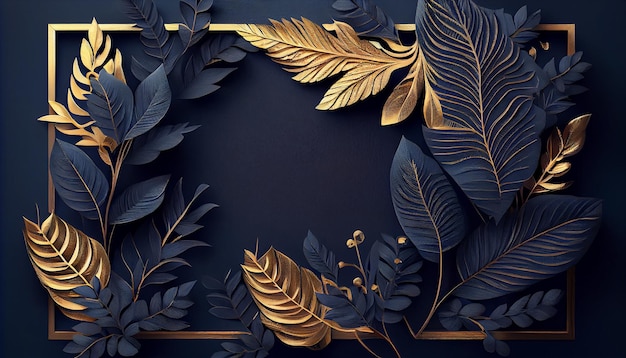 Background frame with golden and blue tropical leaves Generate Ai