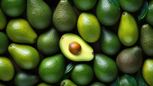 Background of fresh avocado arranged together representing concept of health diet Top view Generative Ai